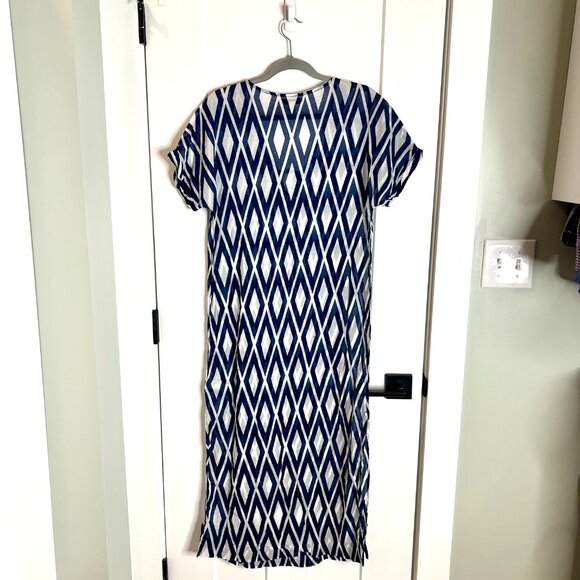 J. Crew Blue White Diamond Print Swim Cover-up Cotton Lightweight Beachy Midi XS - Picture 4 of 4